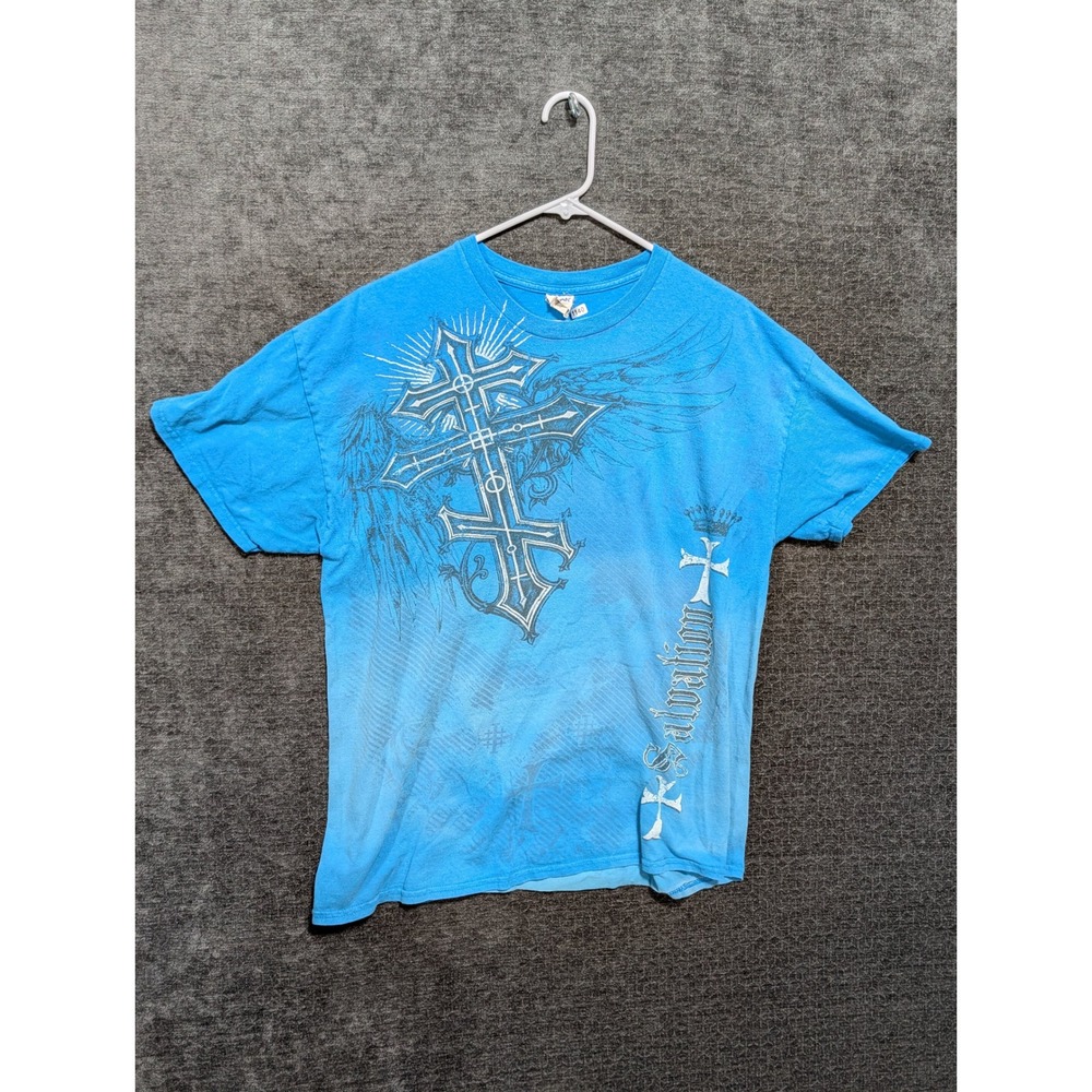 Vintage Salvation Cross Graphic T Shirt Blue Ombre Y2K Streetwear Mens XL